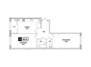 2-к квартира, вторичка, 62м2, 9/16 этаж