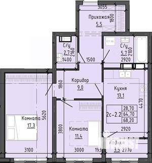 2-к квартира, вторичка, 68м2, 19/25 этаж