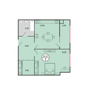 1-к квартира, строящийся дом, 47м2, 1/6 этаж