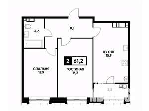 2-к квартира, вторичка, 61м2, 16/16 этаж