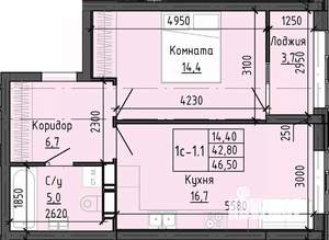 1-к квартира, строящийся дом, 46м2, 11/25 этаж