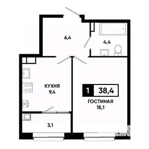 1-к квартира, строящийся дом, 38м2, 8/19 этаж