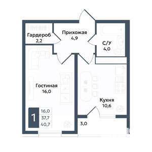 1-к квартира, вторичка, 41м2, 2/20 этаж