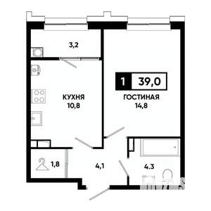 1-к квартира, вторичка, 39м2, 6/21 этаж