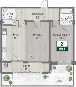 2-к квартира, строящийся дом, 90м2, 1/16 этаж