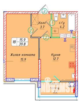1-к квартира, вторичка, 40м2, 3/22 этаж