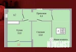 2-к квартира, вторичка, 63м2, 2/9 этаж