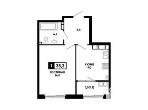 1-к квартира, вторичка, 35м2, 16/24 этаж