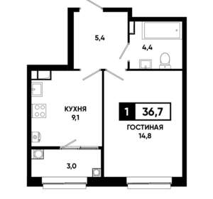 1-к квартира, строящийся дом, 37м2, 3/19 этаж