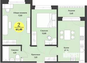 2-к квартира, строящийся дом, 61м2, 6/12 этаж