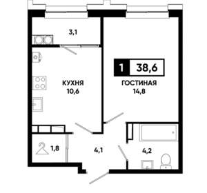 1-к квартира, строящийся дом, 39м2, 15/21 этаж