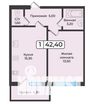 1-к квартира, вторичка, 42м2, 2/6 этаж