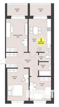 3-к квартира, строящийся дом, 89м2, 10/12 этаж