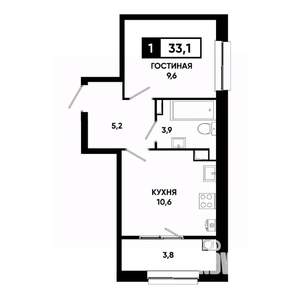 1-к квартира, строящийся дом, 33м2, 7/19 этаж