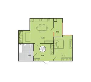1-к квартира, строящийся дом, 47м2, 1/6 этаж