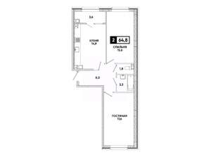 2-к квартира, вторичка, 65м2, 4/16 этаж