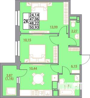 2-к квартира, вторичка, 51м2, 15/21 этаж