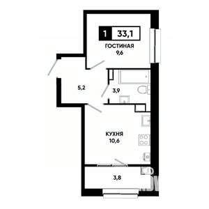 1-к квартира, строящийся дом, 33м2, 4/19 этаж