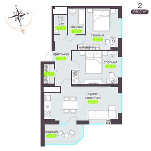 2-к квартира, вторичка, 67м2, 1/19 этаж