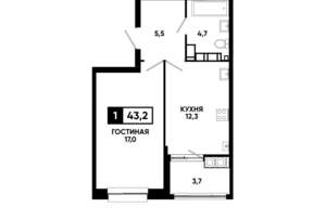 1-к квартира, вторичка, 43м2, 21/24 этаж