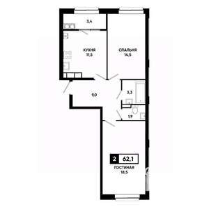 2-к квартира, строящийся дом, 62м2, 14/19 этаж