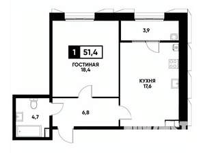 1-к квартира, вторичка, 51м2, 4/18 этаж