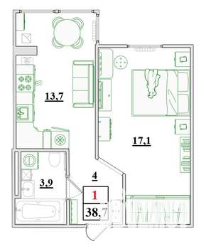 1-к квартира, строящийся дом, 39м2, 1/9 этаж