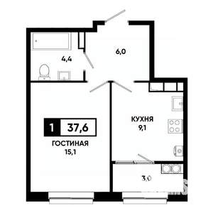 1-к квартира, строящийся дом, 38м2, 13/19 этаж