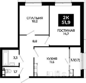 2-к квартира, вторичка, 52м2, 22/24 этаж