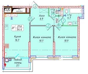 2-к квартира, вторичка, 54м2, 21/22 этаж