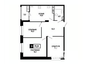 3-к квартира, вторичка, 72м2, 14/16 этаж