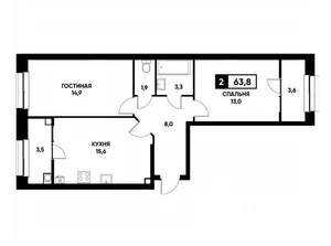 2-к квартира, вторичка, 64м2, 2/22 этаж
