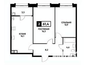 2-к квартира, вторичка, 61м2, 11/16 этаж