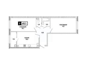 2-к квартира, вторичка, 65м2, 6/16 этаж