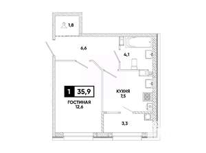 1-к квартира, вторичка, 36м2, 6/12 этаж