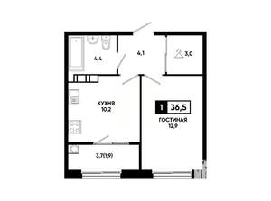 1-к квартира, вторичка, 37м2, 4/14 этаж
