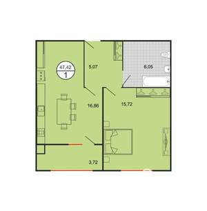 1-к квартира, вторичка, 47м2, 1/5 этаж