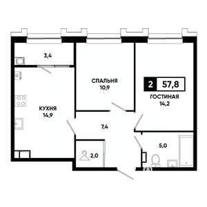 2-к квартира, вторичка, 58м2, 3/21 этаж