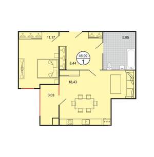 1-к квартира, строящийся дом, 47м2, 1/4 этаж