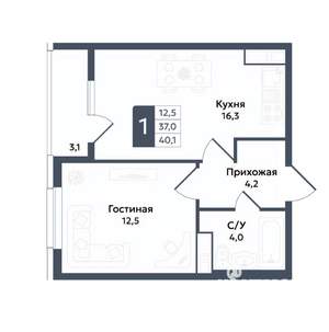 1-к квартира, вторичка, 40м2, 12/22 этаж