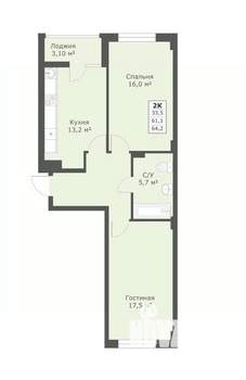 2-к квартира, вторичка, 64м2, 13/18 этаж