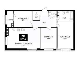 2-к квартира, вторичка, 87м2, 15/24 этаж