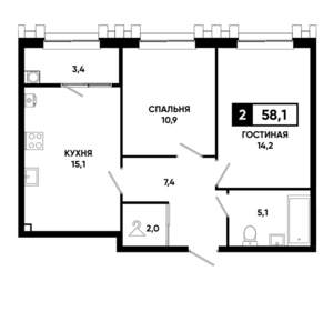 2-к квартира, строящийся дом, 58м2, 2/21 этаж