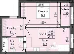 1-к квартира, вторичка, 46м2, 18/24 этаж