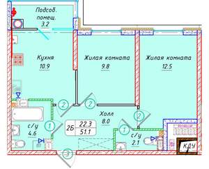 2-к квартира, вторичка, 51м2, 8/21 этаж