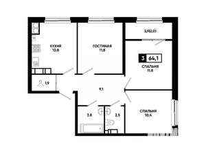 3-к квартира, вторичка, 64м2, 18/24 этаж