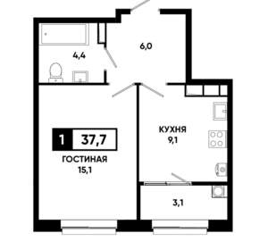 1-к квартира, строящийся дом, 38м2, 12/19 этаж