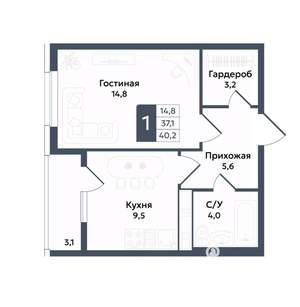 1-к квартира, вторичка, 40м2, 19/22 этаж