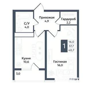 1-к квартира, вторичка, 41м2, 1/22 этаж