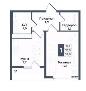 1-к квартира, вторичка, 39м2, 6/22 этаж